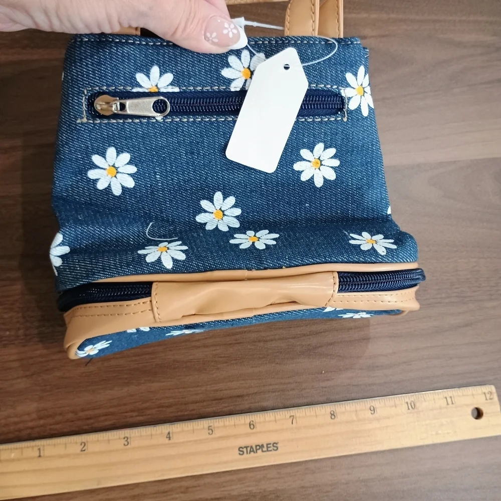 Floral Denim and Tan Handbag